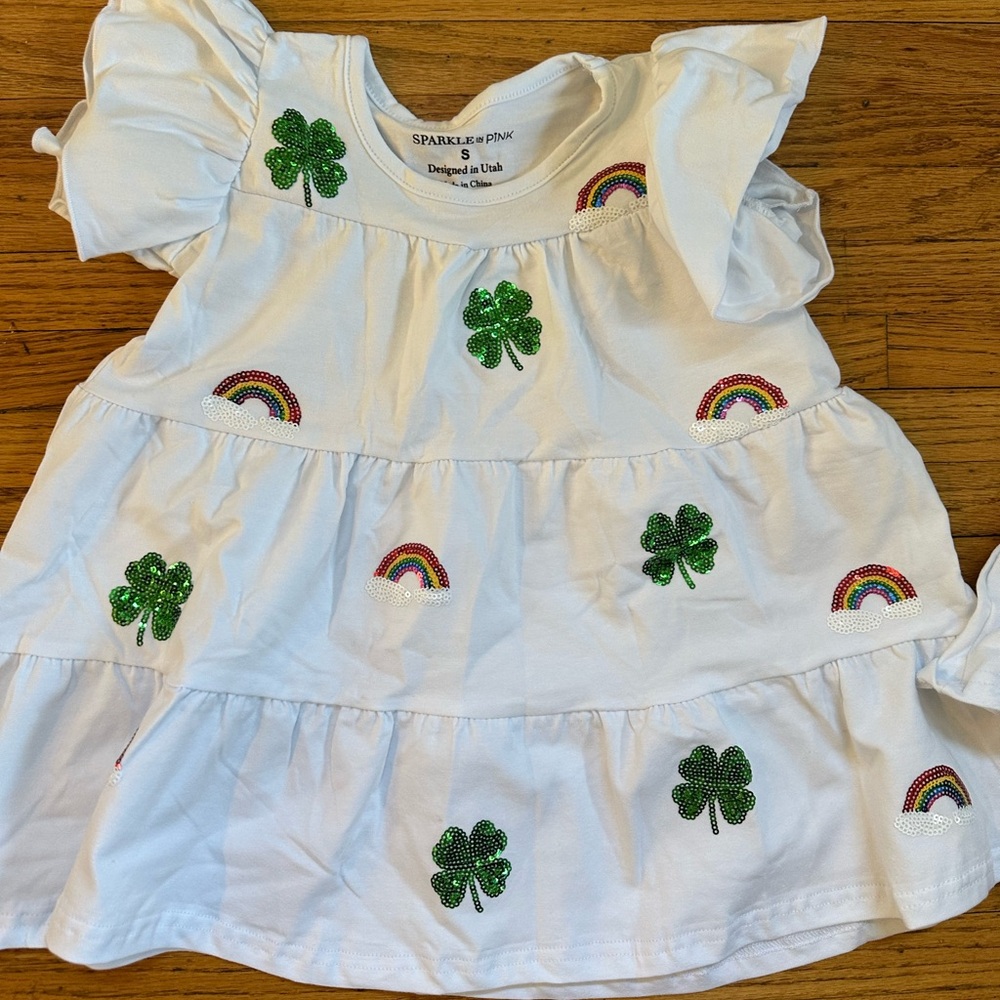 White Dress with Shamrock and Rainbow Accents